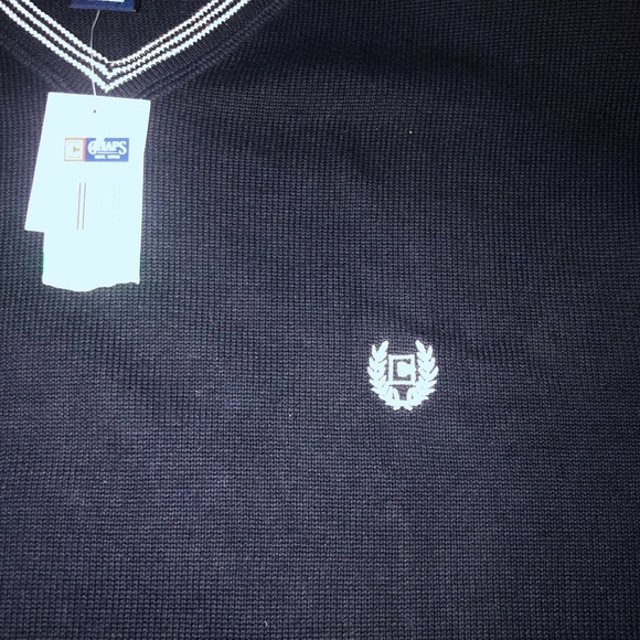 🔷NEW! CHAPS Cotton V-neck Pullover Swtr (Dark Blue w-white trim accent)Sz Large - Picture 2 of 7